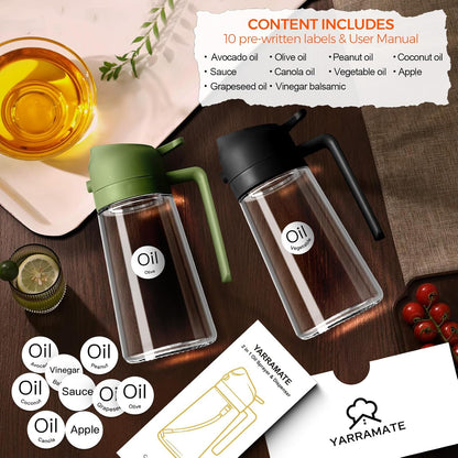 YARRAMATE 2Pcs Glass Olive Oil Sprayer - 16oz Food Grade Premium Spray Bottle for Cooking | Black & Olive Green
