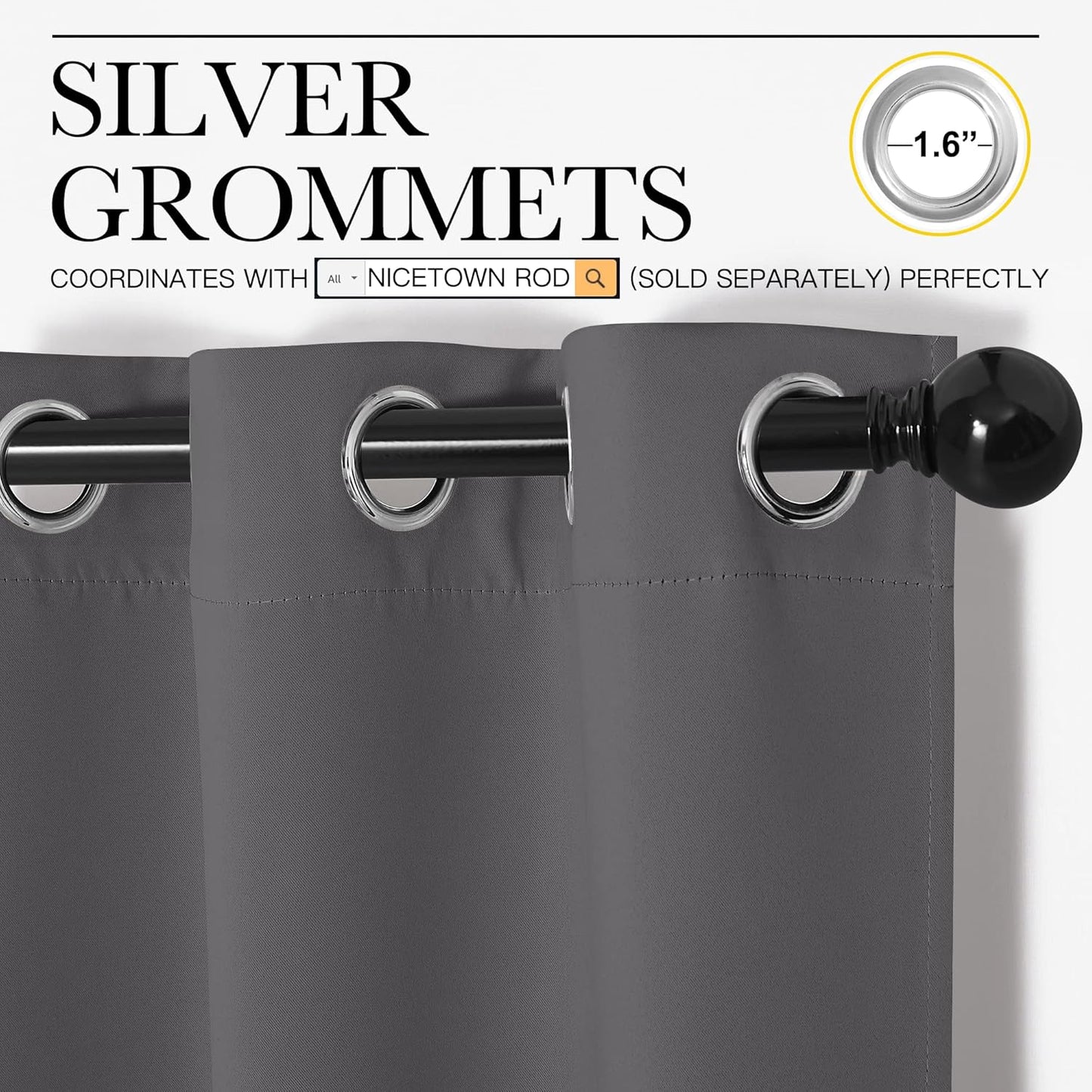 NICETOWN Blackout Curtains - Thermal Insulated Drapery Panels | Solid Ring Top, Gray, 34 x 84 Inches (Set of 2)