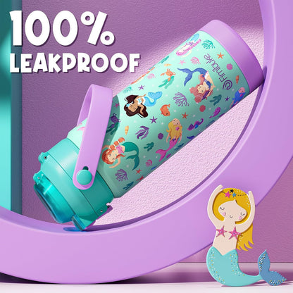 Skiennix Kids Insulated Water Bottle - 18oz Leak-Proof Stainless Steel Tumbler with 2-in-1 Lid | Rainbow & Mermaid Design