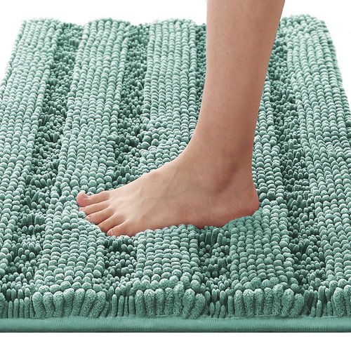 H.VERSAILTEX Bathroom Rugs Bath Rugs for Bathroom Non Slip Bath Mats Extra Thick Chenille Striped Rug 17" x 24" Absorbent Soft Shaggy Washable Dry Fast Bath Mats for Bath Room Floor - Eggshell Blue