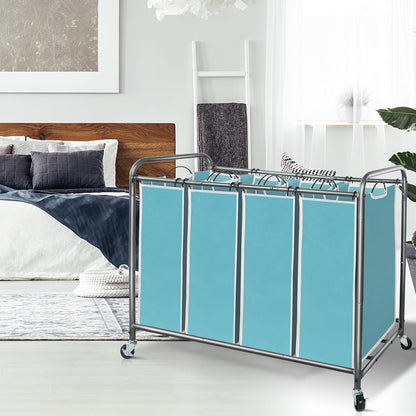 Storage Maniac Laundry Sorter - 4-Section 47.8 Gal Hamper with Wheels & Removable Bags - Blue