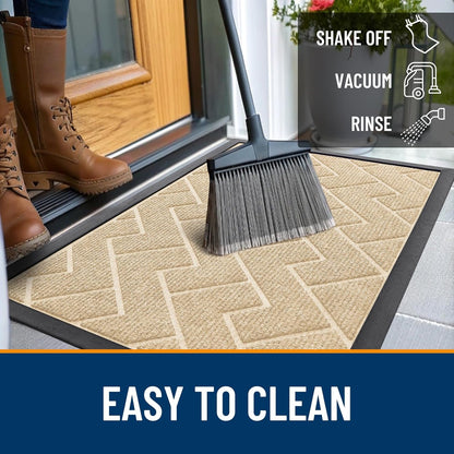 OLANLY Waterproof Front Door Mat - All-Season Herringbone Design | Sturdy Natural Rubber, Easy Clean (Beige, 47x23)