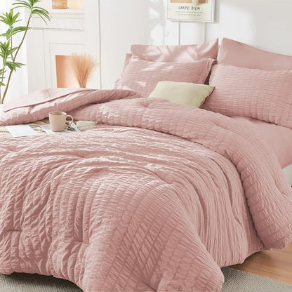 HYMOKEGE Rose Gold Comforter Set - Luxurious 7-Piece All-Season Bedding in Seersucker Design