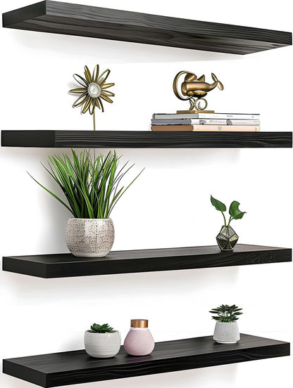 YFYEO Black Wood Floating Shelves for Wall Rustic Wall Shelf for Bedroom Living Room Set of 4