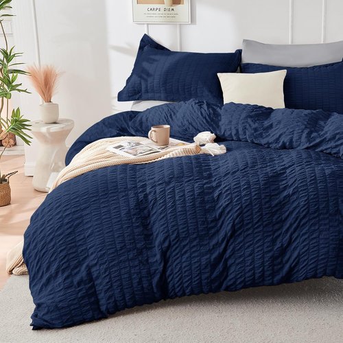 HYMOKEGE Queen Comforter Set - Luxury 7-Piece Bedding in Navy Blue & Light Grey | All-Season Seersucker Design