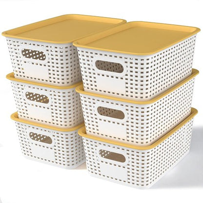AREYZIN Plastic Storage Bins - Stackable Organizing Baskets with Lids | 6 Pack, 10.2x7.2x4.1 Inch, White