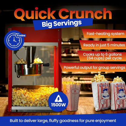 Popcorn Machine - Electric Popcorn Popper | Stainless Steel Kettle, Ready in 5 Minutes | 8 oz Capacity, Red