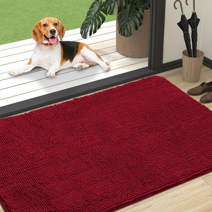 OLANLY Dog Door Mat - Absorbent Non-Slip Chenille Mat for Muddy Paws | 47x32 Red Quick-Dry Indoor Carpet