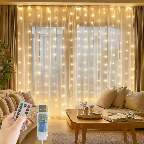 Fairy Curtain Lights - 200 LED Tangle-Free String Lights with Remote | USB Plug for Bedroom, Wedding & Home Décor - 6.6 x 6.6 Ft, Warm White