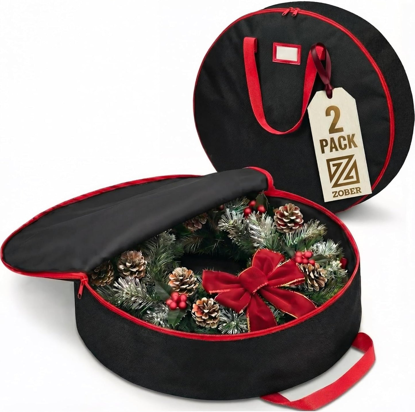 ZOBER Christmas Wreath Storage Bag - 24 Inch Waterproof Oxford Container with Dual Zippers & Durable Handles - Black