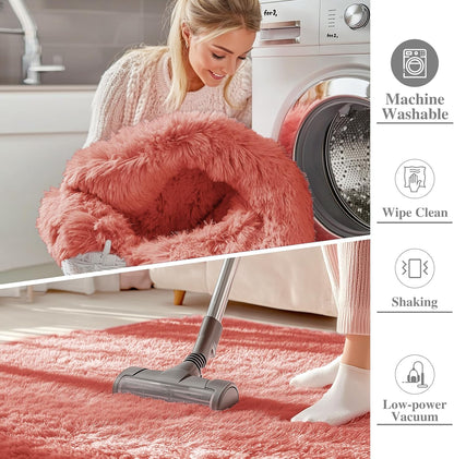 OLANLY Soft Fluffy Shaggy Rug - Machine Washable 3x5 Bedside Carpet for Kids & Nursery | Rust Red