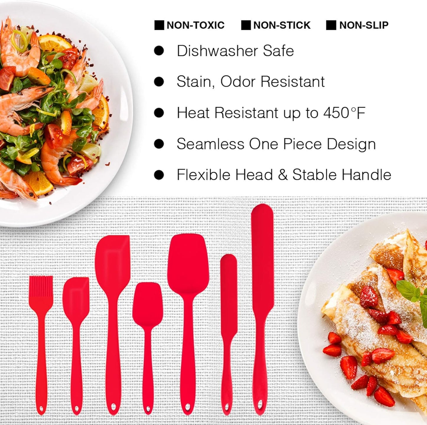 P&P CHEF Silicone Spatula Set - Heat-Resistant Kitchen Utensils for Non-Stick Cooking | 7-Piece Red Set