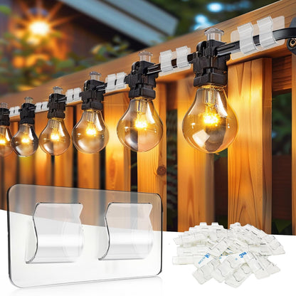 TW SHINE Heavy Duty Hooks for Outdoor String Lights - 60 Pack Clear Clips with Waterproof Adhesive
