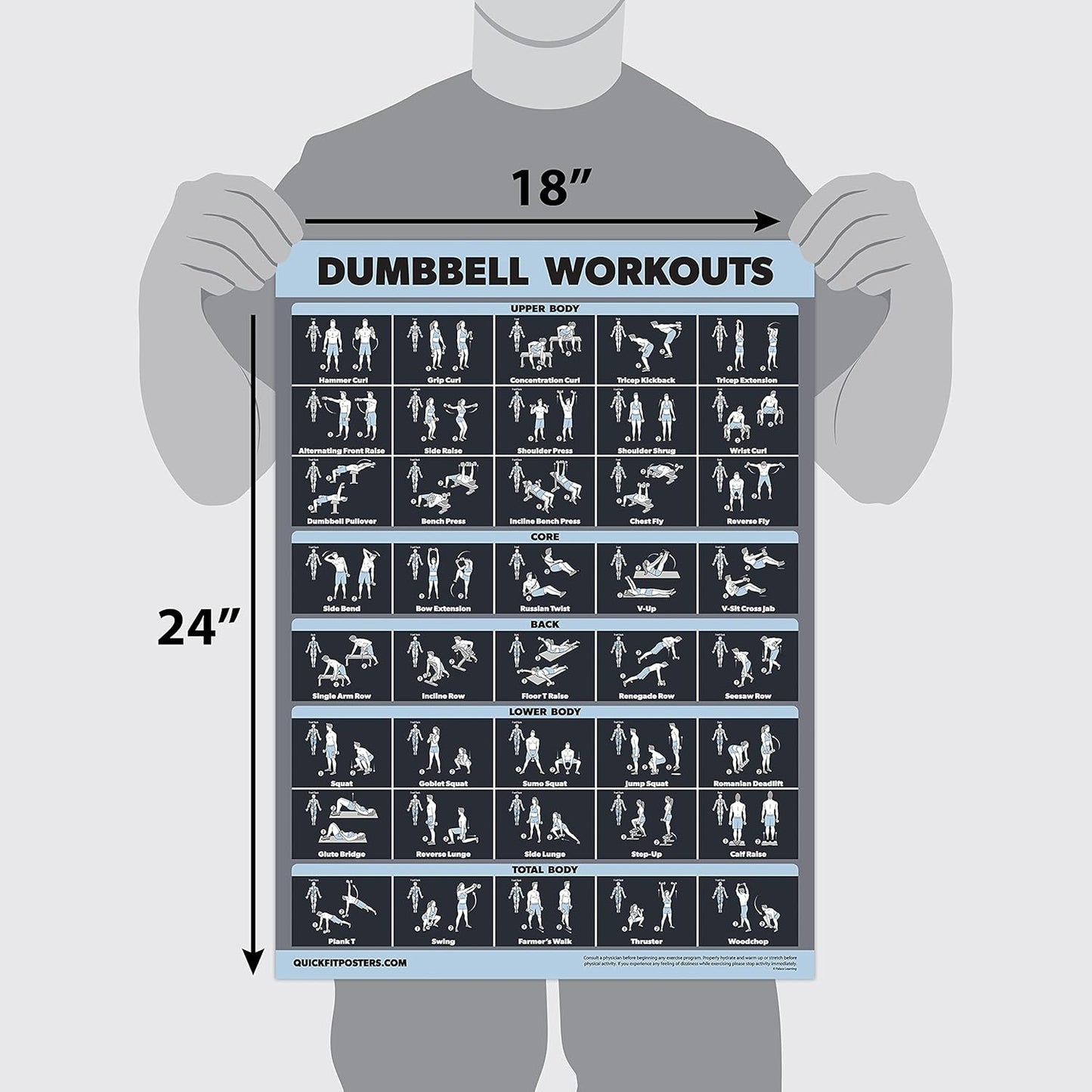 Palace Learning Dumbbell Workout Exercise Poster - Laminated, Dark | 18" x 24" Size