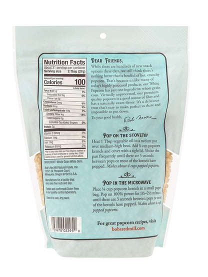 Bob's Red Mill White Popcorn - Non-GMO, Whole Grain, Vegan Snack | 30oz Pack