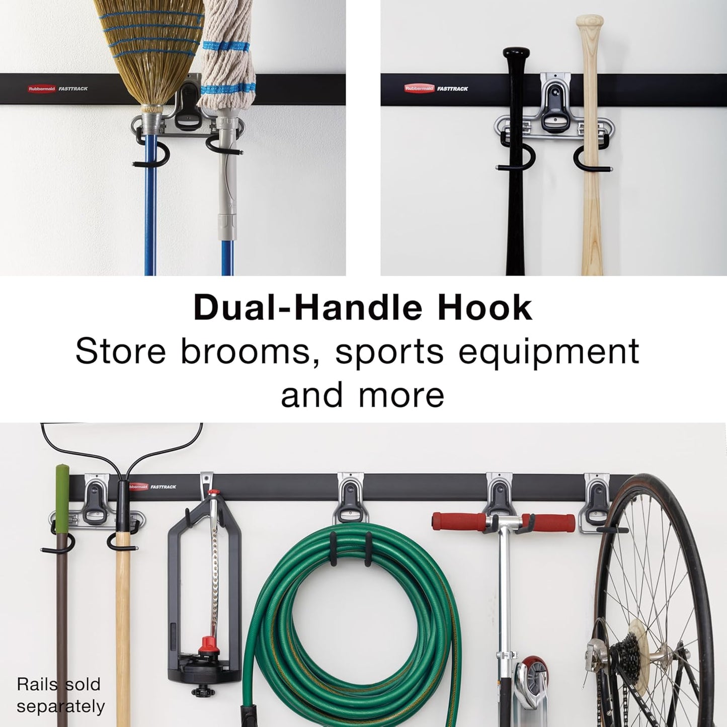 Rubbermaid FastTrack 2-Handle Hook - Space-Saving Garage Storage Solution for Rakes, Brooms, and Ladders