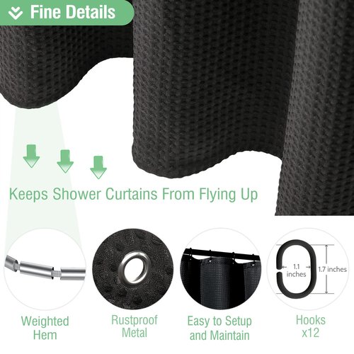Dynamene Black Fabric Shower Curtain - Waffle Textured Heavy Duty Cloth Curtains for Bathroom, 256GSM Hotel Spa Luxury Weighted Polyester Bath Curtain Set with 12 Plastic Hooks(72Wx72H, Black)