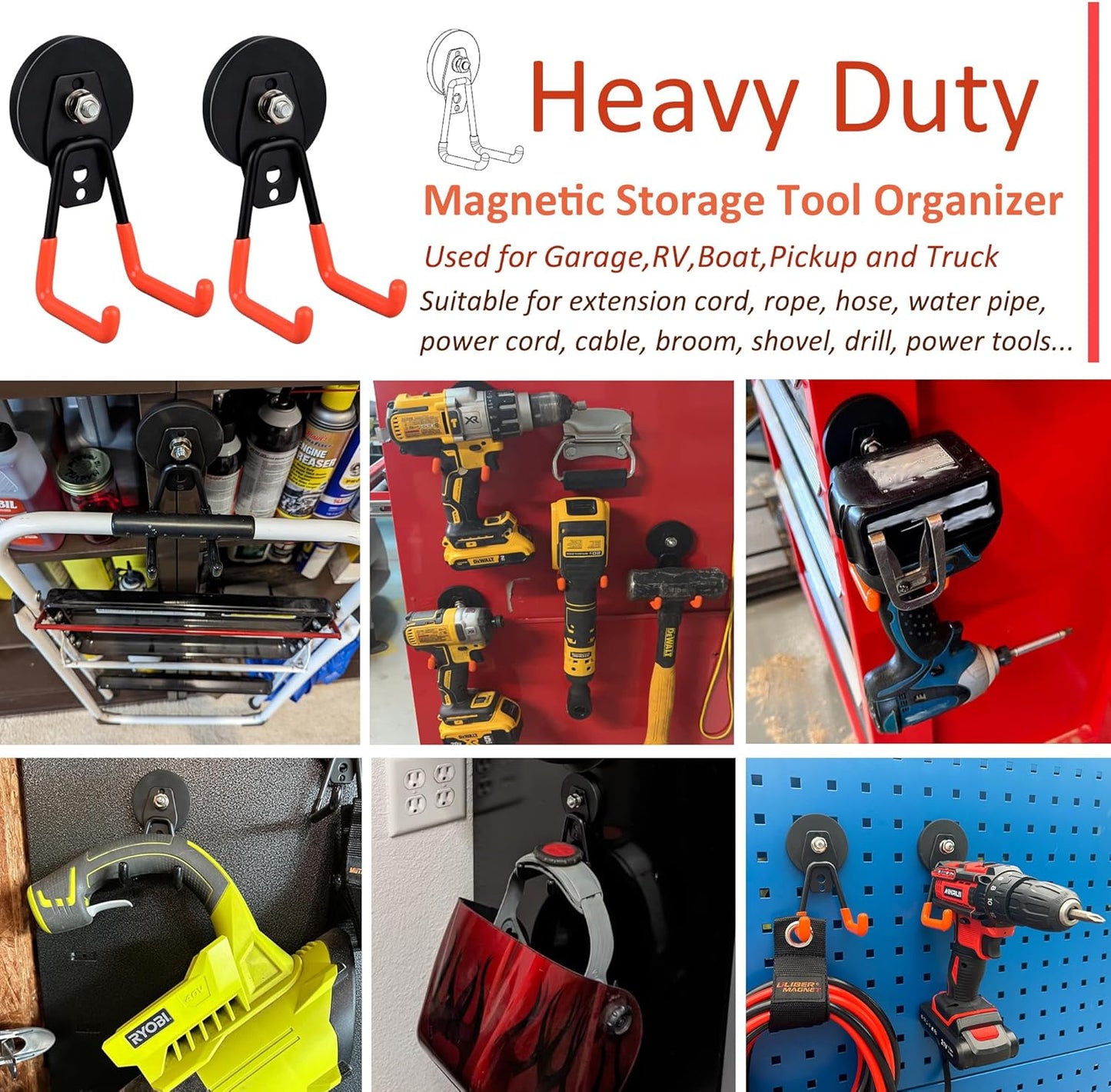 ULIBERMAGNET Heavy Duty Magnetic Garage Hooks - Strong Magnet Holders for Tools & Pegboard | 2 Pack (Orange)
