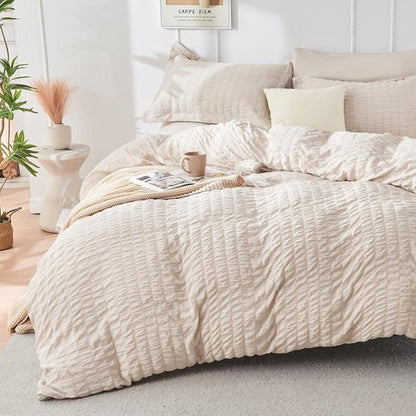 HYMOKEGE California King Comforter Set - 7-Piece Seersucker Luxury Bedding in Beige for All Seasons