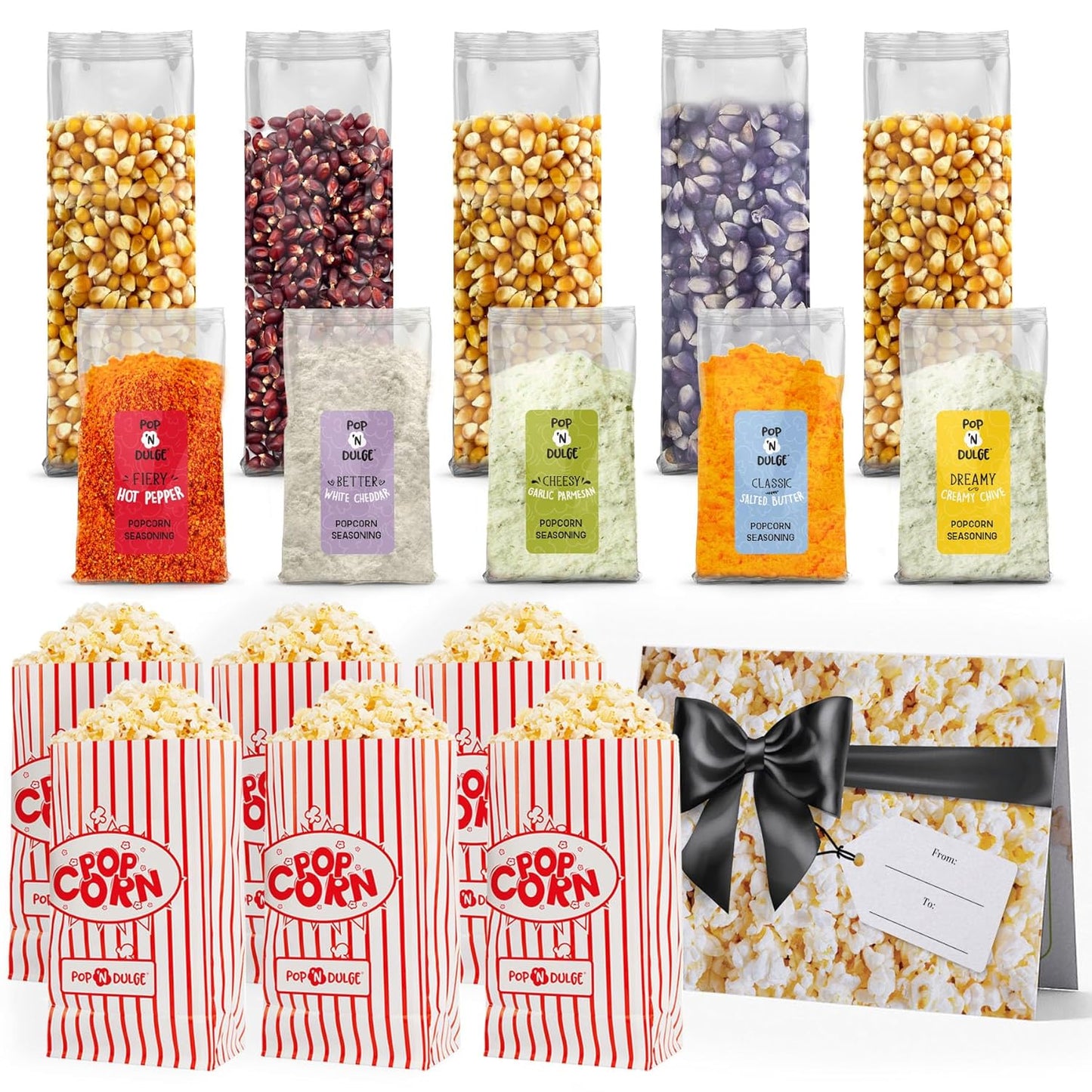 Pop n' Dulge Gourmet Popcorn Gift Set - 16 Pcs with 5 Non-GMO Kernels & Seasoning Packs | Perfect for Movie Nights & Housewarming Gifts
