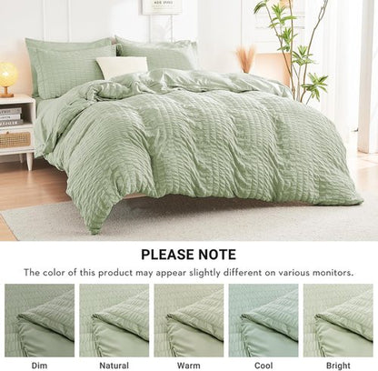 HYMOKEGE California King Comforter Set - Light Green Seersucker 7-Piece Luxury Bedding Set