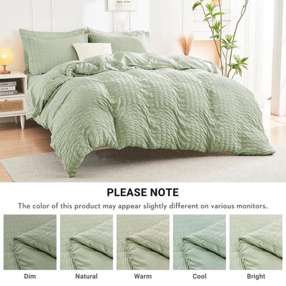 HYMOKEGE Light Green California King Comforter Set Seersucker 7 Pieces, All Season Luxury Bed in a Bag for Bedroom, Bedding Set with Comforters, Sheets, Pillowcases & Shams