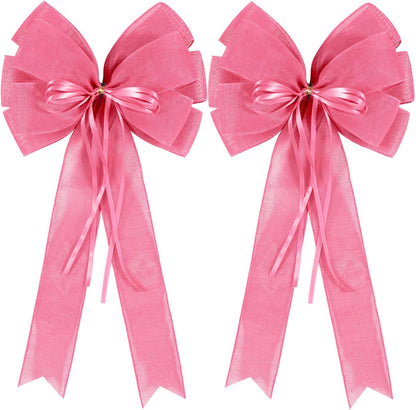 Skiennix Large Pink Easter Wreath Bows - Spring Tree Topper Decor with Burlap & Glitter | 2 Pcs Set
