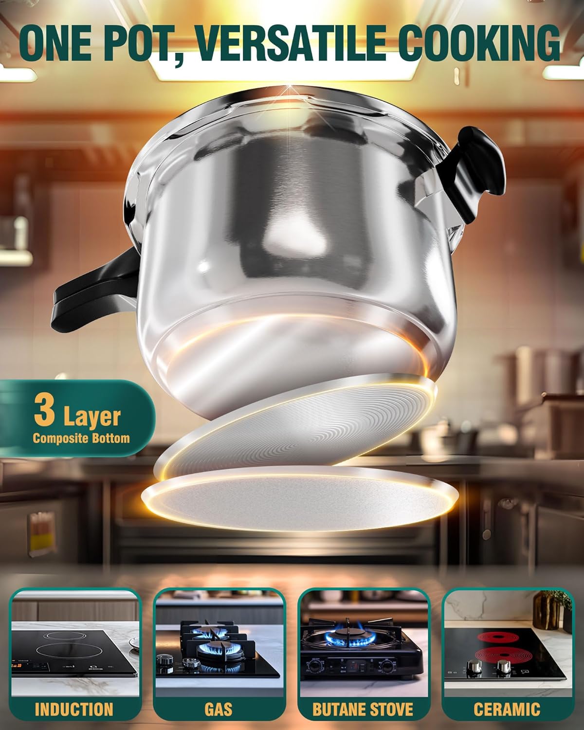 WantJoin Stainless Steel Pressure Cooker - 10 Quart Induction Compatible with Spring Valve Safety Features
