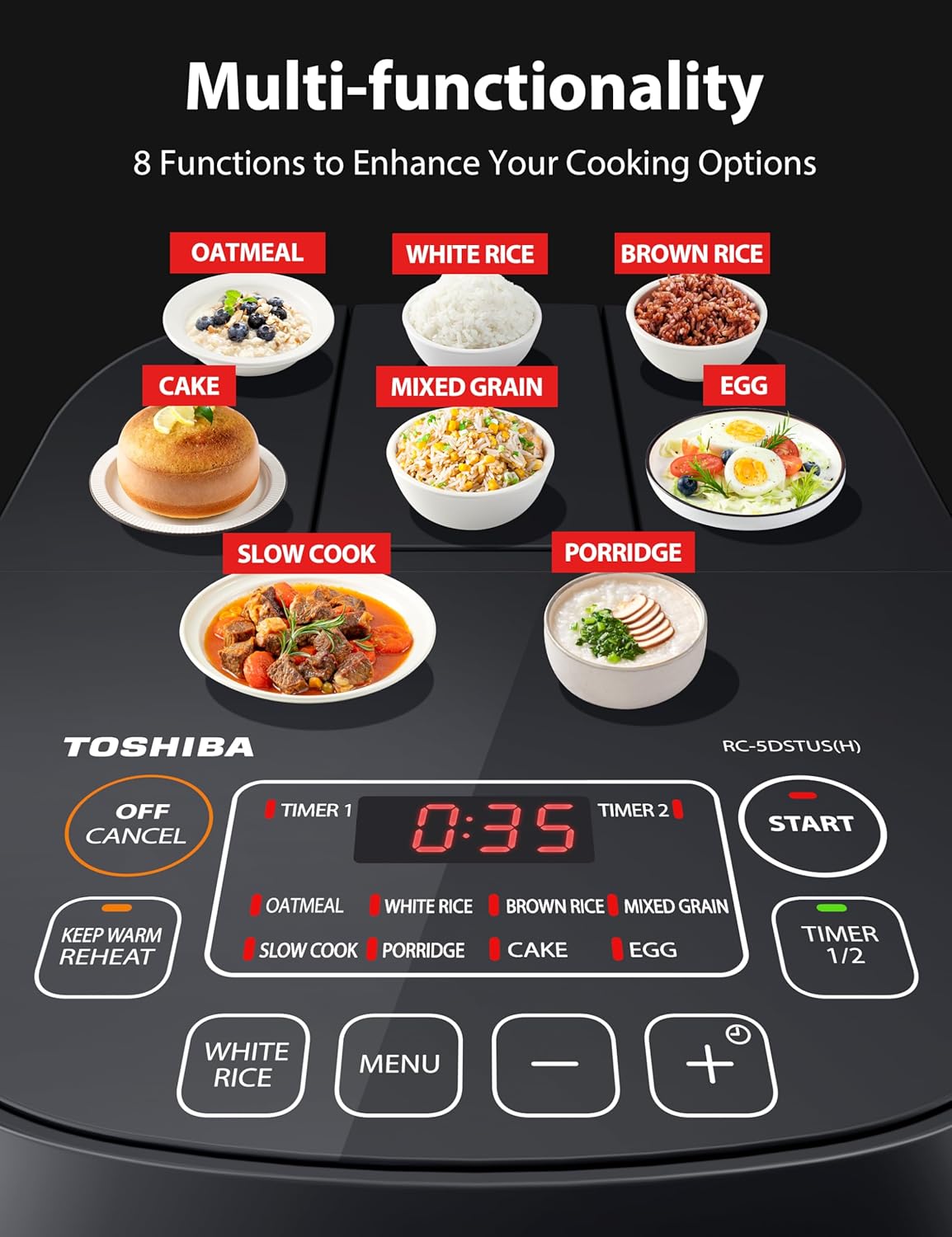 TOSHIBA 3-Cup Rice Cooker - LCD Display with 8 Cooking Functions | Non-Stick Inner Pot, Grey