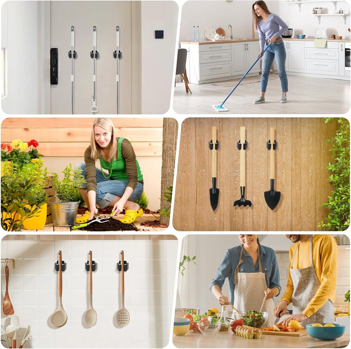 Skiennix Broom Holder Wall Mount - 7PCS Heavy-Duty Stainless Steel Mop Hanger | Outdoor Tool Organizer (Black)