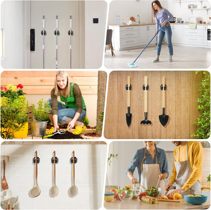 Skiennix Broom Holder Wall Mount - 7PCS Heavy-Duty Stainless Steel Mop Hanger | Outdoor Tool Organizer (Black)