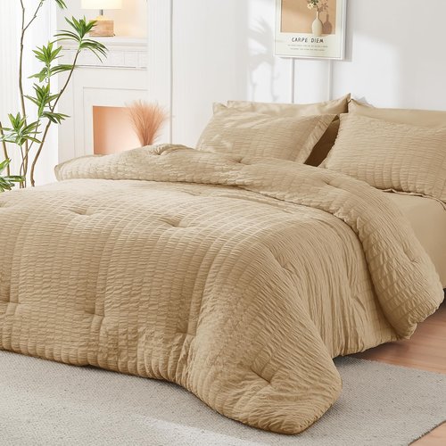 HYMOKEGE Khaki California King Comforter Set Seersucker 7 Pieces, All Season Luxury Bed in a Bag for Bedroom, Bedding Set with Comforter, Sheets, Pillowcases & Shams