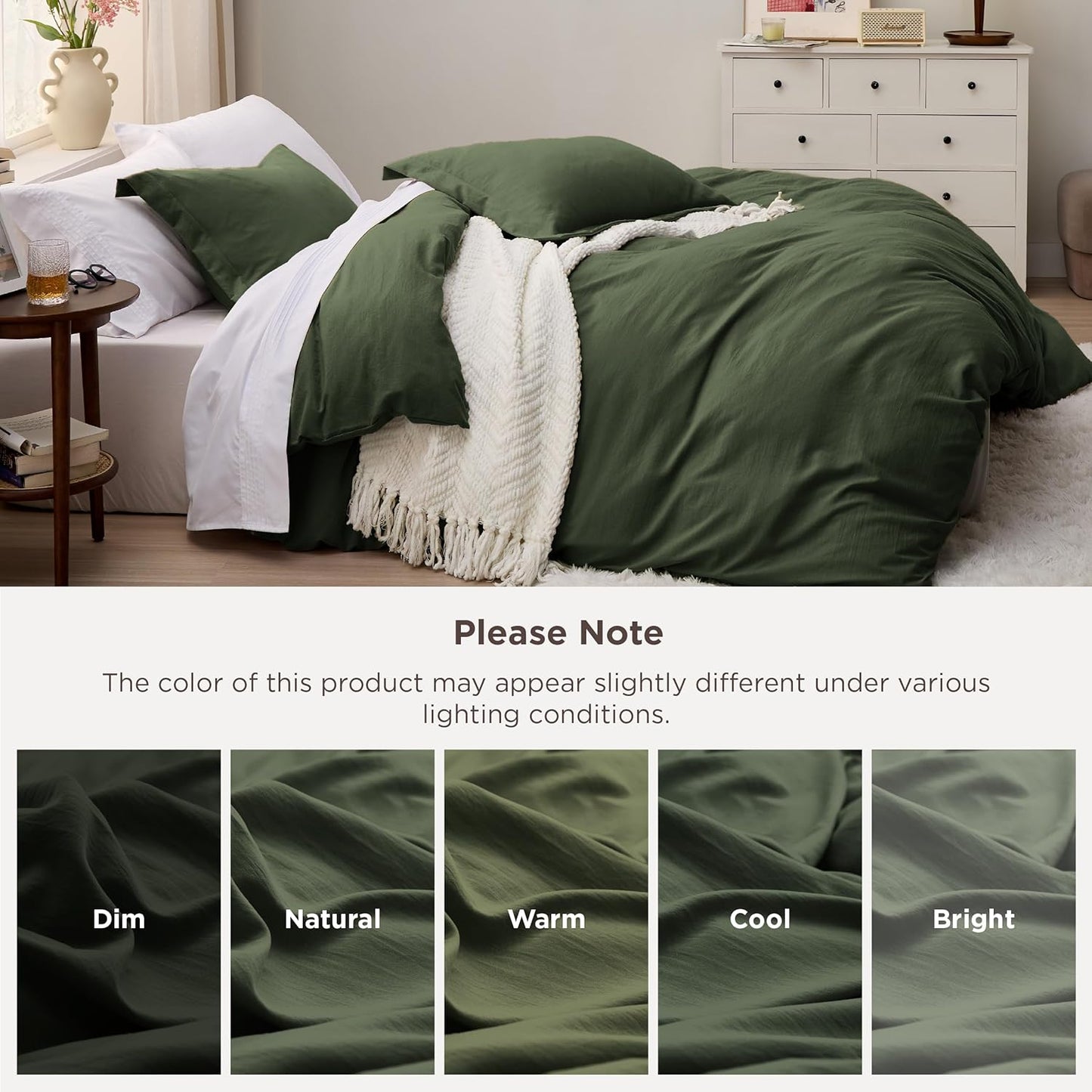 Bedsure Olive Green Duvet Cover Set - Soft Cotton-Like Polyester, Full Size 3-Piece Bedding, 80x90 Inches