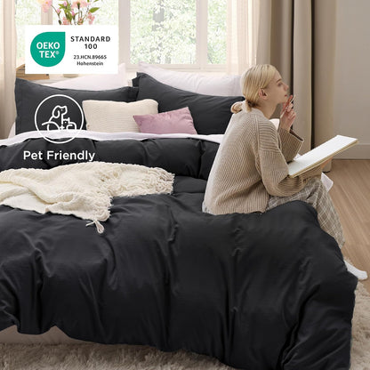 Bedsure Black Duvet Cover Set - Extra Soft Cotton-Like Polyester, Full Size 80x90 Inches, 3 Pieces with Zipper Closure & 2 Pillow Shams