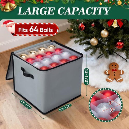 BALEINE Christmas Ornament Storage Box - Premium Holiday Container with Dividers for 64 Balls | Grey Soft Design