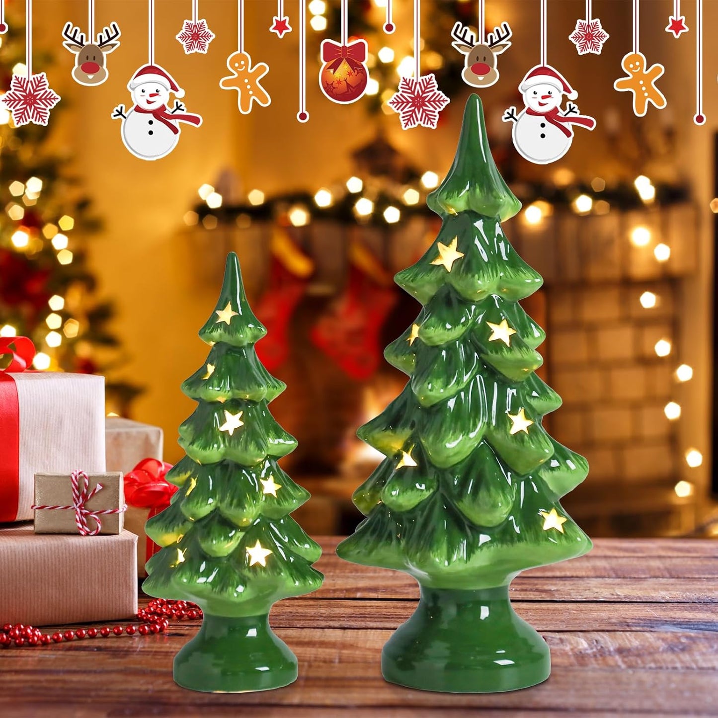 Taman Ceramic Christmas Tree Set - Light Up Tabletop Decor with Warm Lights | 10” & 7.5” Sizes