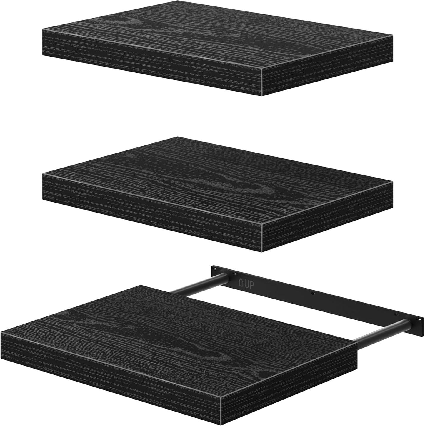 QEEIG 10" Deep Floating Shelves - Set of 3 Black Wall-Mounted Bookshelves for Bathroom, Bedroom & Kitchen