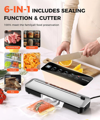 Vacuum Sealer Machine - 75KPa Food Preservation with 6-in-1 Modes & Digital Timer | Compact Design + 10 Bags (Black/Silver)
