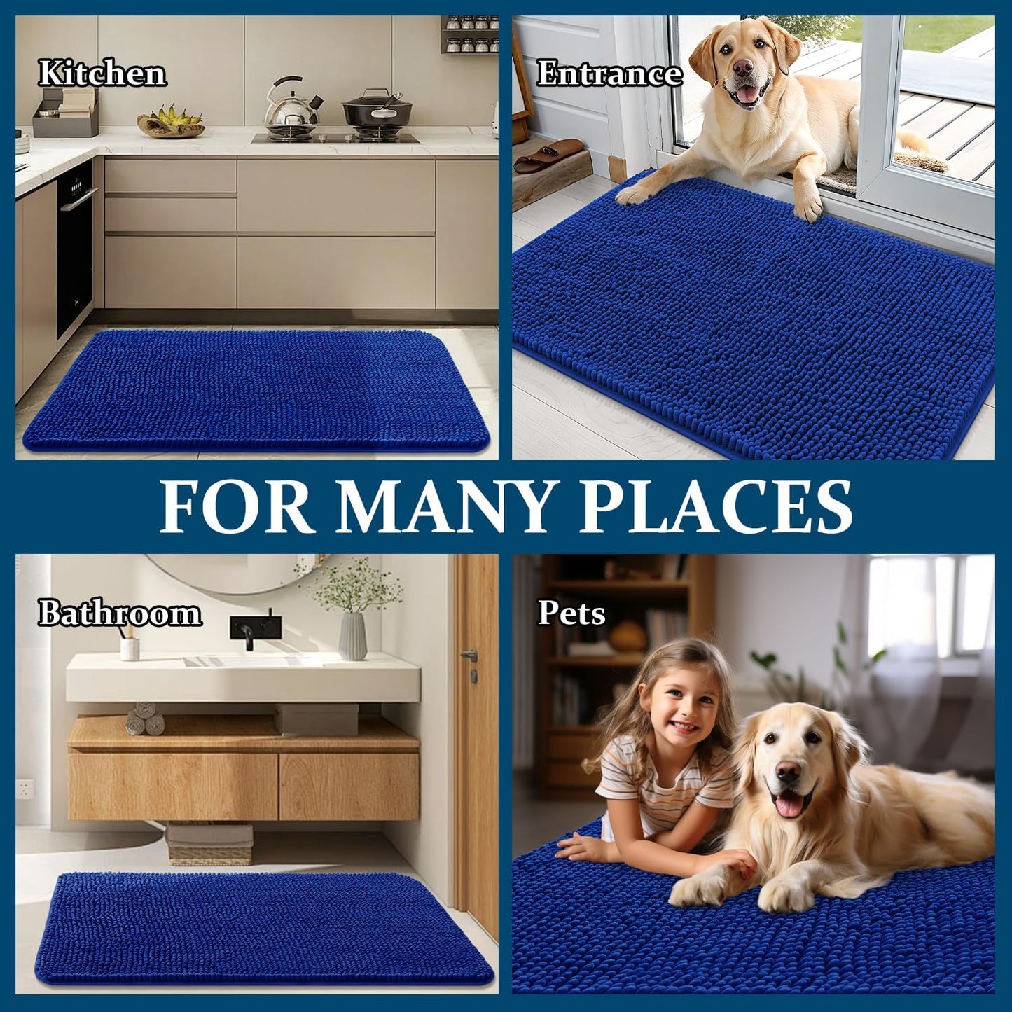 OLANLY Dog Door Mat - Absorbent Non-Slip Washable Chenille Mat for Muddy Paws | 70x46 Royal Blue