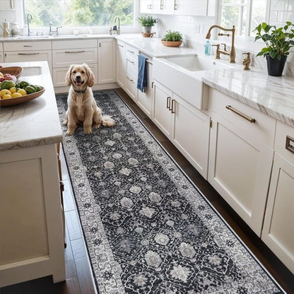 Hallway Washable Runner Rug - Vintage Soft Non-Slip Floor Mat for Kitchen & Entryway | 3x10 Black