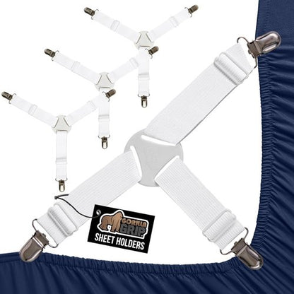 GORILLA GRIP Bed Sheet Holders - Adjustable Elastic Fasteners with Metal Clips | 4 Pack White
