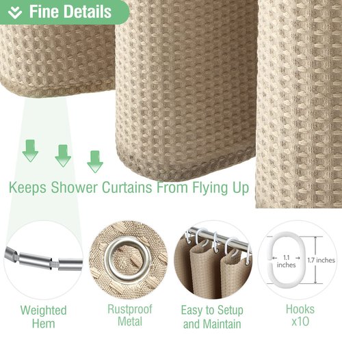 Dynamene Stall Fabric Shower Curtain - 54x78 inch Long Waffle Weave Weighted Thick Cloth Shower Curtains for Bathroom,Neutral Heavy Duty Hotel Spa Luxury Bath Curtain Set with 10 Hooks, Beige/Khaki