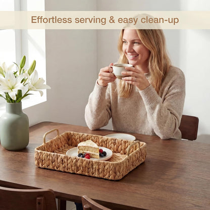 Natural Wicker Trays Set of 2 - Decorative Rectangular Trays with Handles for Coffee Table & Living Room