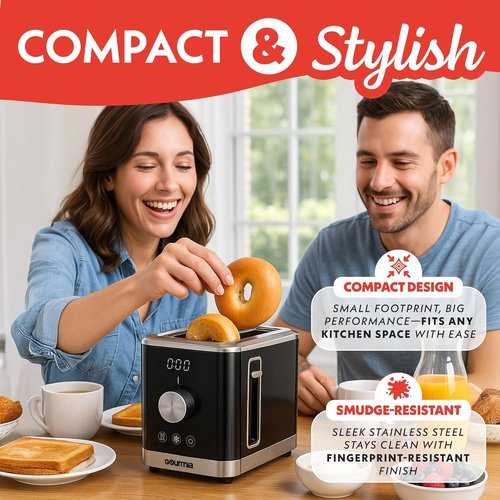 Gourmia 2-Slice Toaster - 6 Browning Levels, Bagel & Defrost Modes, Compact Design, Black