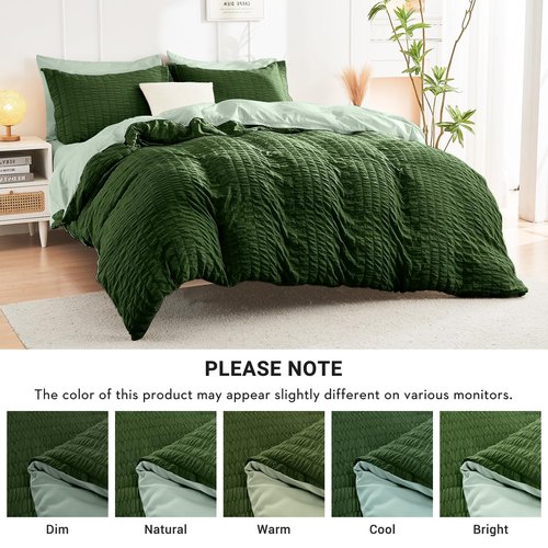 HYMOKEGE Dark Green/Sage Green California King Comforter Set Seersucker 7 Pieces, All Season Luxury Bed in a Bag for Bedroom, Bedding Set with Comforter, Sheets, Pillowcases & Shams