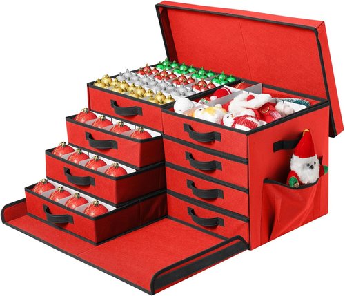 Christmas Ornament Storage Box - Stackable Organizer with Lid & Pockets | 8 Trays, Red