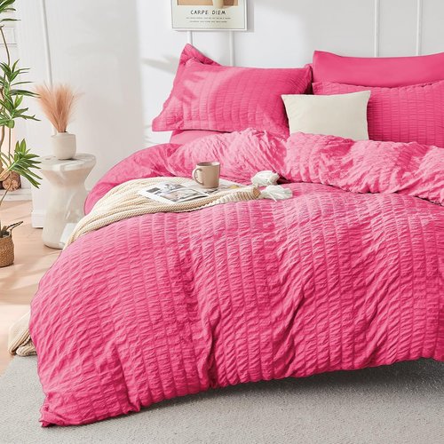 HYMOKEGE King Size Comforter Set - Hot Pink Seersucker 7-Piece Luxury Bedding Set for All Seasons