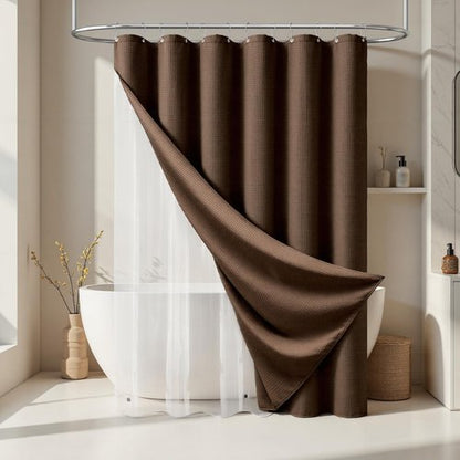 Dynamene Long Shower Curtain and Liner Set - 78 inch Tall Waffle Fabric, Waterproof Clear Liner, Heavy Duty Weighted Hotel Luxury Cloth Shower Curtains for Bathroom with 12 Hooks, 72x78, Brown