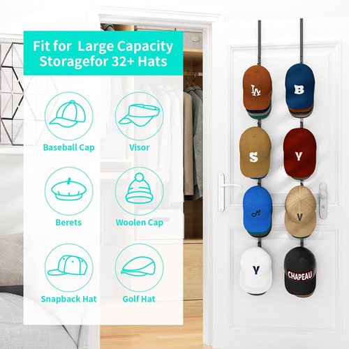 HapiRm Over Door Hat Rack - 8 Hook Organizer for 40 Caps | Stylish Black Storage Solution