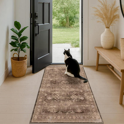 Skiennix Brown Boho Washable Entry Rug - Non-Slip Rubber Backing | 3x4 Indoor Mat in Earthy Taupe Floral Design